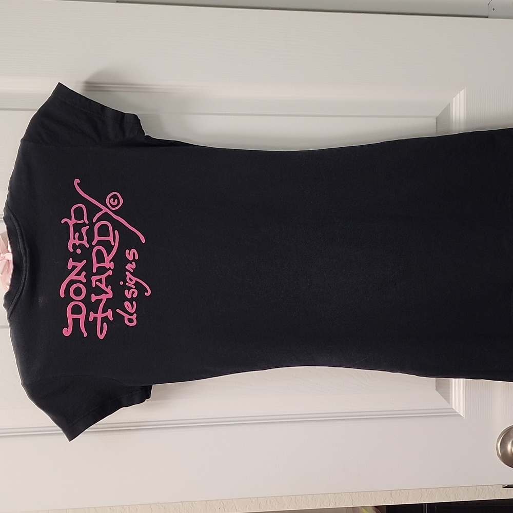 Vintage Ed Hardy Skull Floral Tee Dress 💀Y2K Graphic Bodycon Mini Black Sz. M - Picture 3 of 10